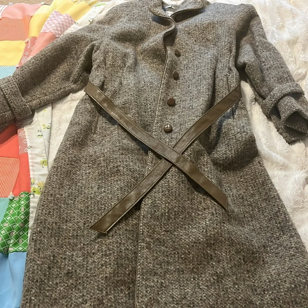 Vintage 50s Belted Tweed Swing Jacket Wool Pea Coat Rare Antique Lou Fritzel - Picture 5 of 15
